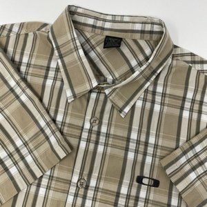OAKLEY Short‎ Sleeve Button Up Beige Plaid Casual Men's Large